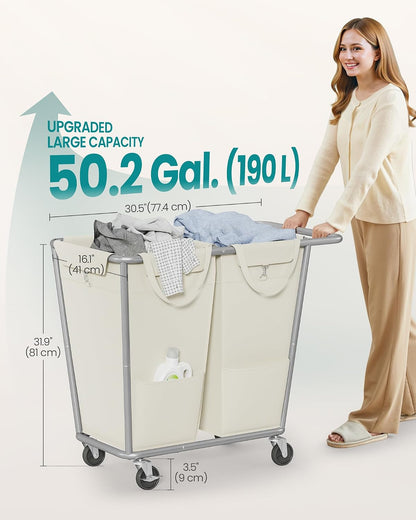 SONGMICS Laundry Basket with Wheels, 3-Section Laundry Sorter, 76.6 Gallons (290 L) Rolling Hamper with Removable Bags, Heavy-Duty Steel Frame, Cream White, Dark Gray and Ink Black URLS010X01