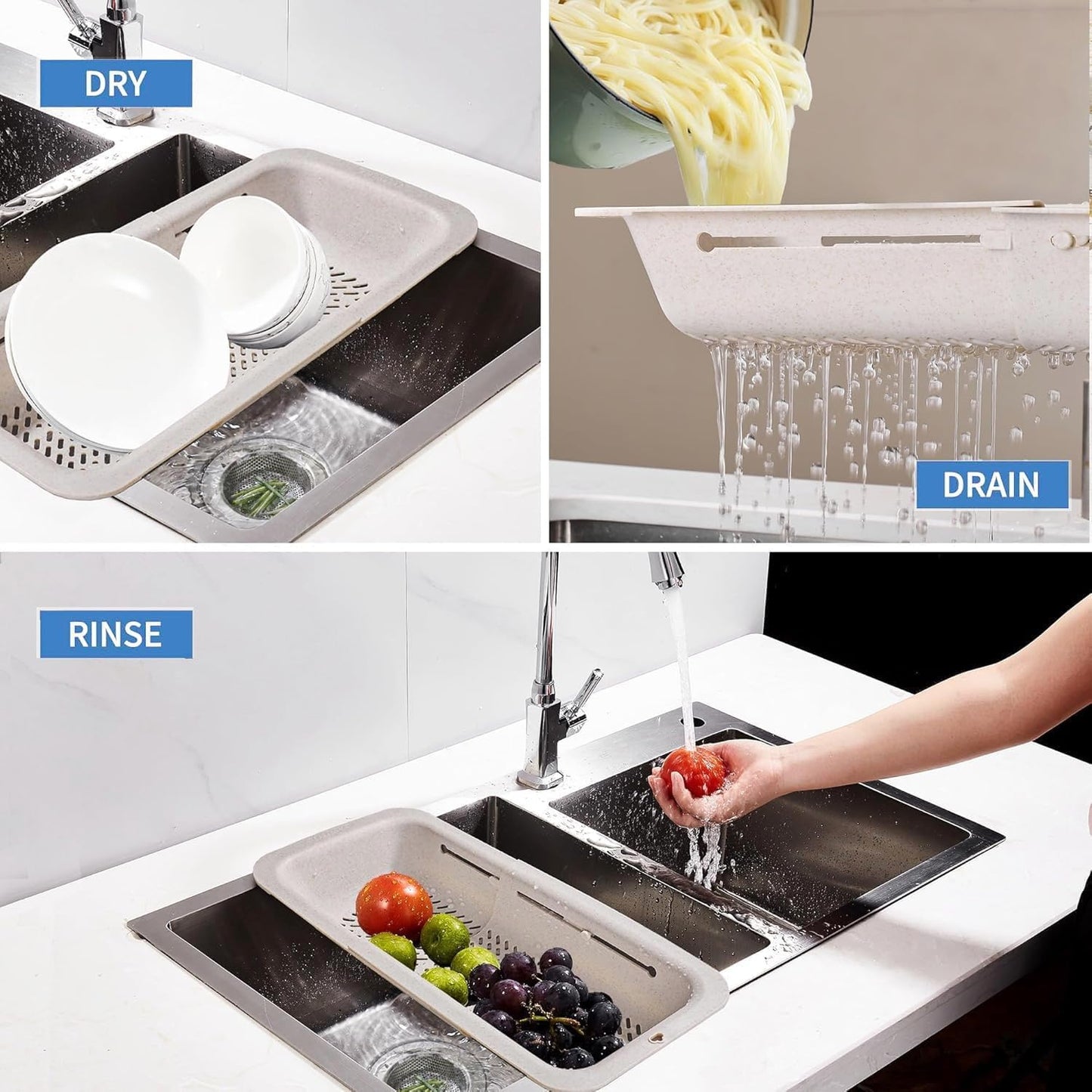 LASSHSWA Collapsible Colander for Kitchen, Over the Sink Strainer Basket for Kitchen, Fruit Pasta Food Strainer Expandable Plastic Colander BPA Free (Black)
