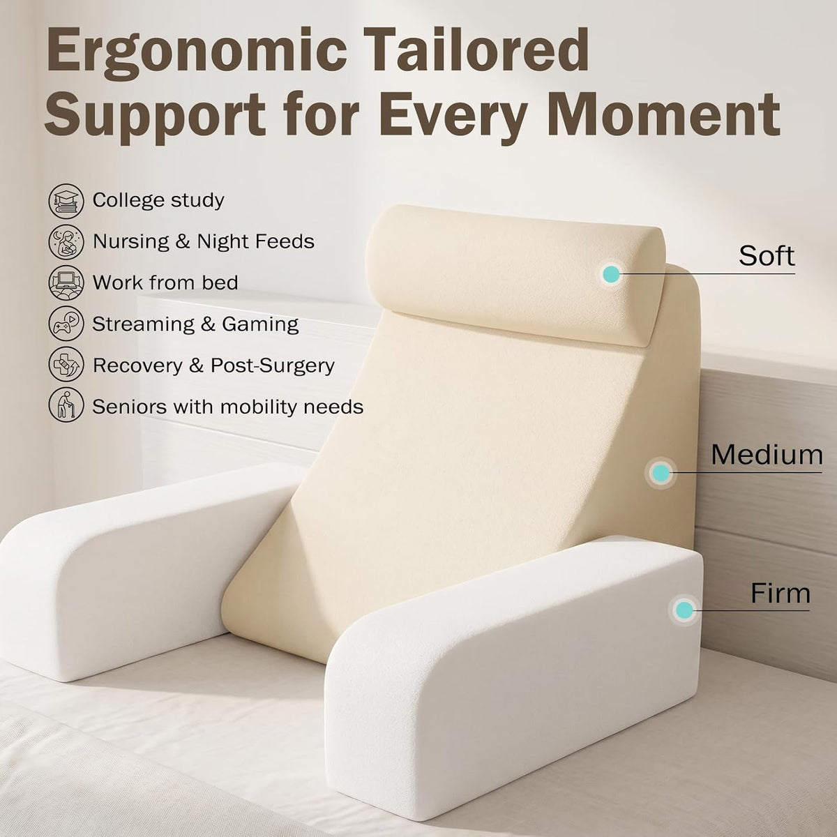 ENITYA 21" Reading Pillow for Bed with Firm Back Support & Big Pockets