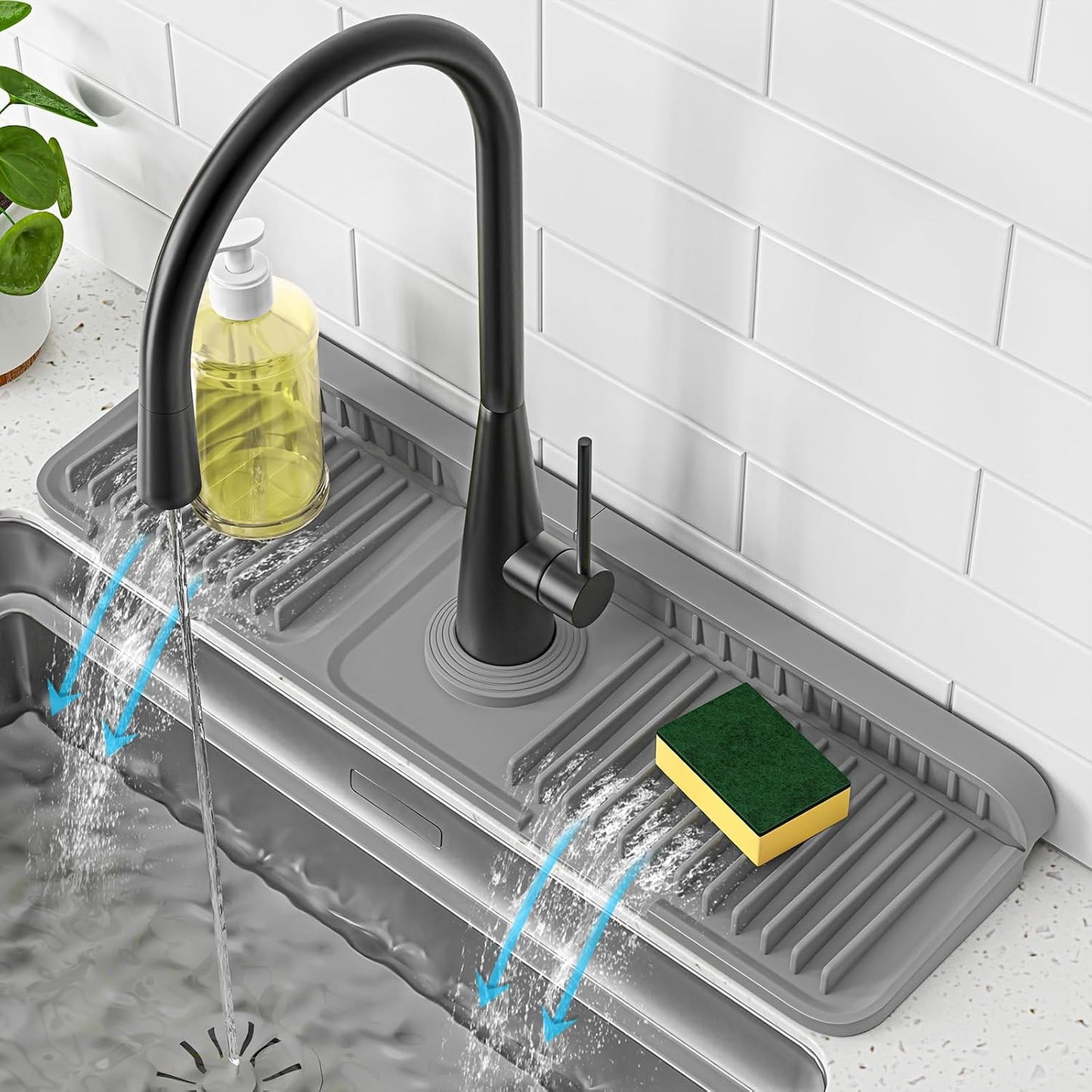 PoYang 24 Inch Faucet Mat for Kitchen Sink Splash Guard, Silicone, Black | Sink Protectors with 7° Slope for Smooth Drainage, Snap Button Holds It in Place, 90° Foldable & Cuttable Hole Fit Most Sinks