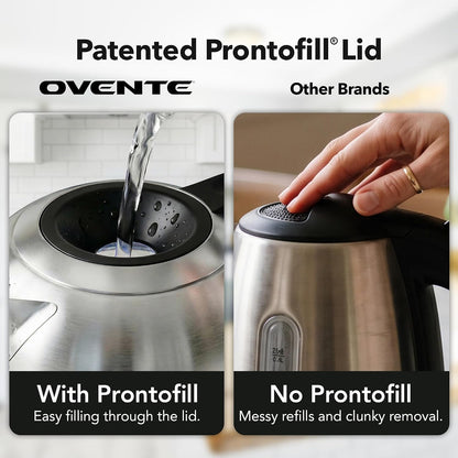 OVENTE 1.8L Glass Electric Kettle Water Boiler, Silver KG751S | 1500W Fast Boiling, Easy Fill Lid, Borosilicate Glass, BPA-Free, Blue LED, Auto Shut-Off, Boil-Dry Protection, Cordless