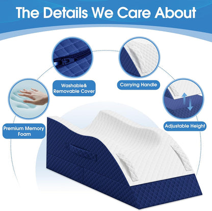 TranquilRelax Leg Elevation Pillows for After Surgery, Wedge Pillow, Grey | Memory Foam, All-around Knee & Ankle Support for Swelling, Height-adjustable, Nop-Slip Bottom, Washable Cover, Single-leg