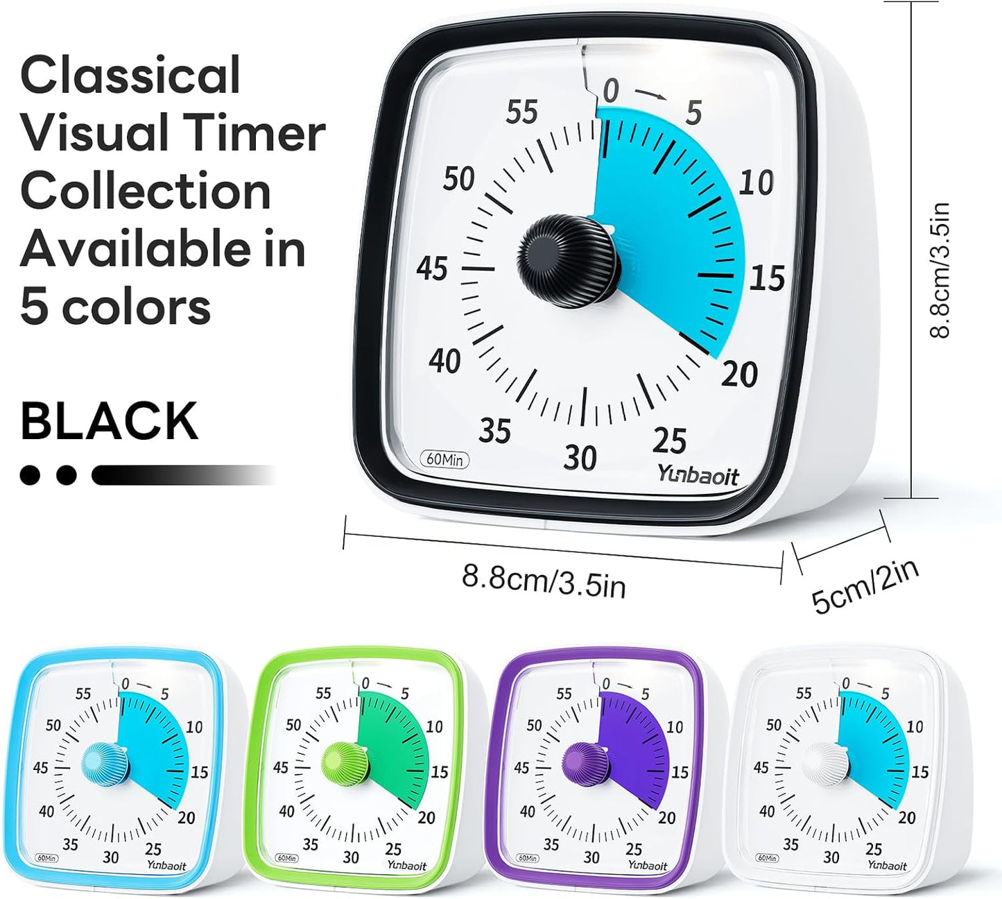 Yunbaoit Visual Timer with Night Light, 60 Minute Countdown, Light Blue | 3 Alarm Modes, Mute Flash, for Kids and Adults, Time Management Tool for Classroom, Home, School, and Work