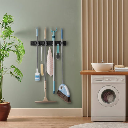 OUTNILI Mop and Broom Holder Wall Mount - Wood Broom Mop Hanger - Wall Mounted Garden Tool Rack Organizer for Closet Garage Laundry Room, Rustic Kitchen Decor With 4 Slots & 4 Hooks