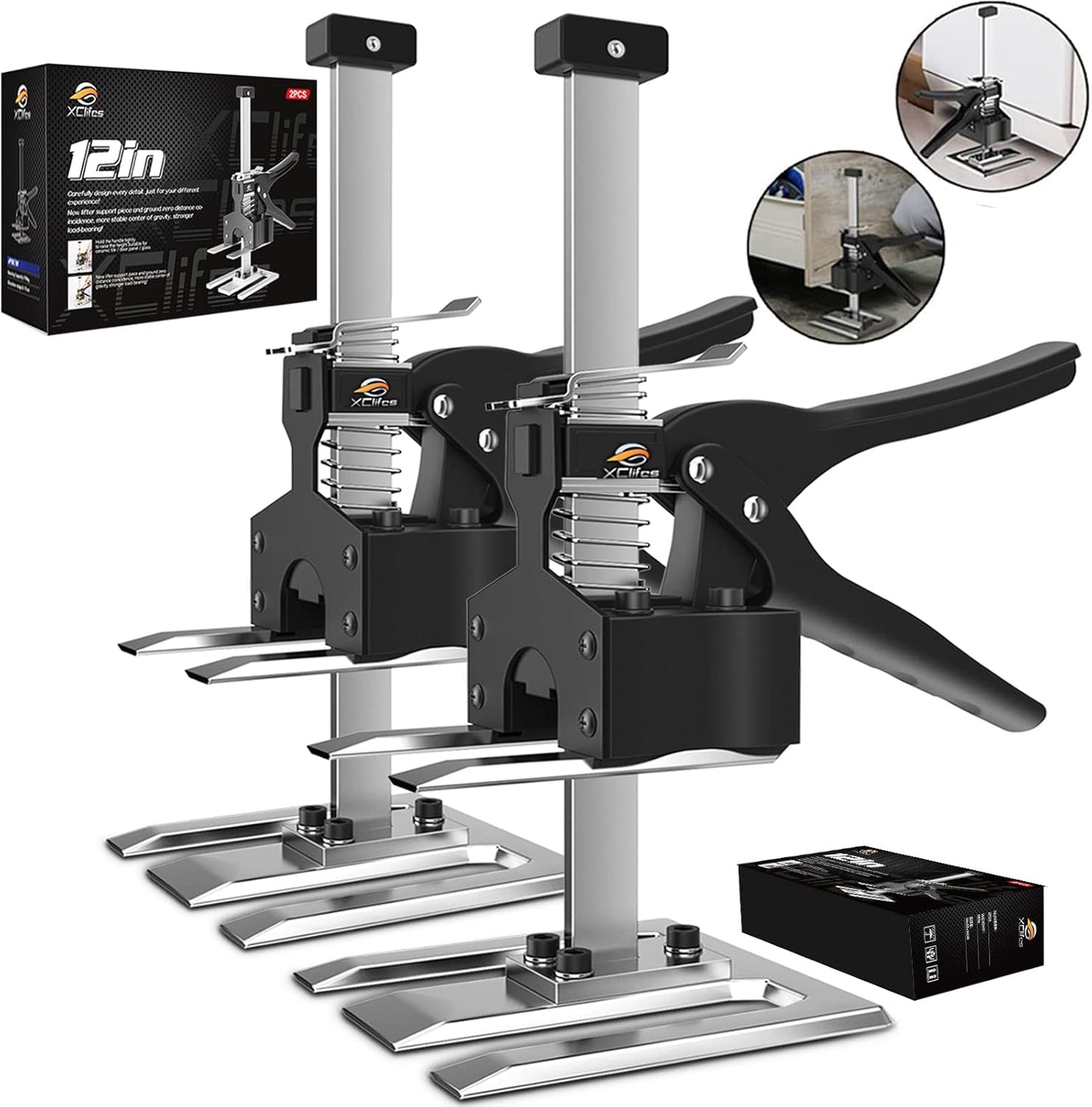 XClifes Labor Saving Arm Jack, 2 Pack Furniture Lifter Tool, Black | Multifunctional jack lifts up to 6.69" with 450 lbs capacity for cabinets, doors, windows & wall tile leveling.