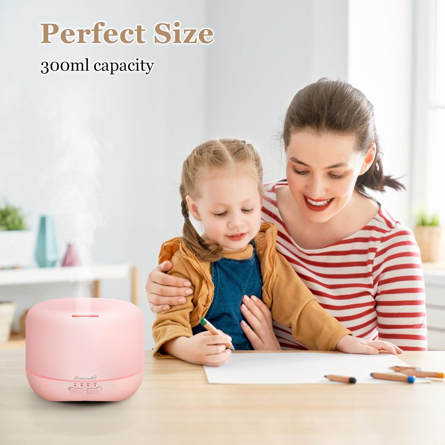 Homeweeks 300ml Essential Oil Diffuser, Quiet Aromatherapy Mist Diffusers for Essential Oils, Wood Grain, Ultrasonic, Remote Control, Timer, 7 Colors Light for Bedroom (300ml)