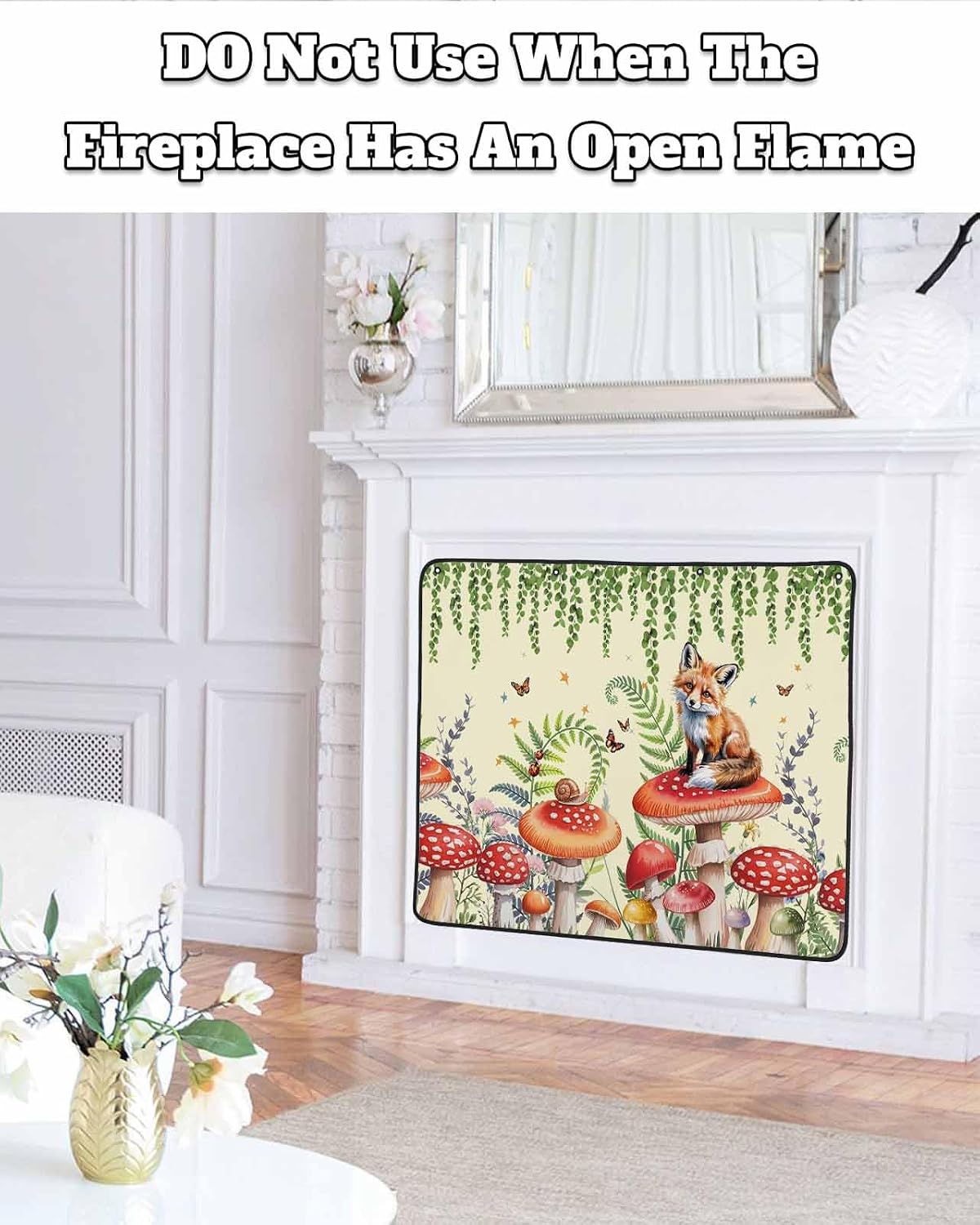 Magnetic Fireplace Cover Red Mushroom Fox Fireplace Screen Decorative Eucalyptus Leaves Butterfly Black Insulation Fireplaces Blocker Save Energy Fireplaces Draft Stopper Covers for Living Room 36x30