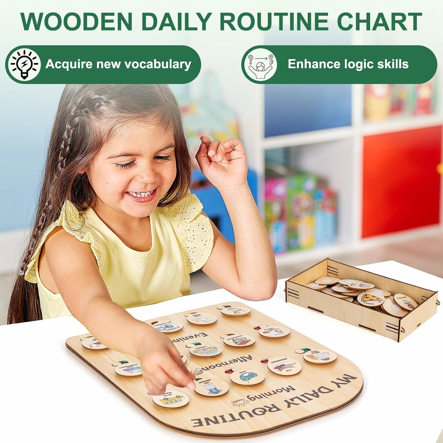 Wooden Chore Chart for Kids, Daily Visual Routine Schedule Educational Gift | 80 Task Cards & Sliding Buttons | Morning & Bedtime Responsibility Board for Toddlers Ages 3-5 | Montessori Educational Gift