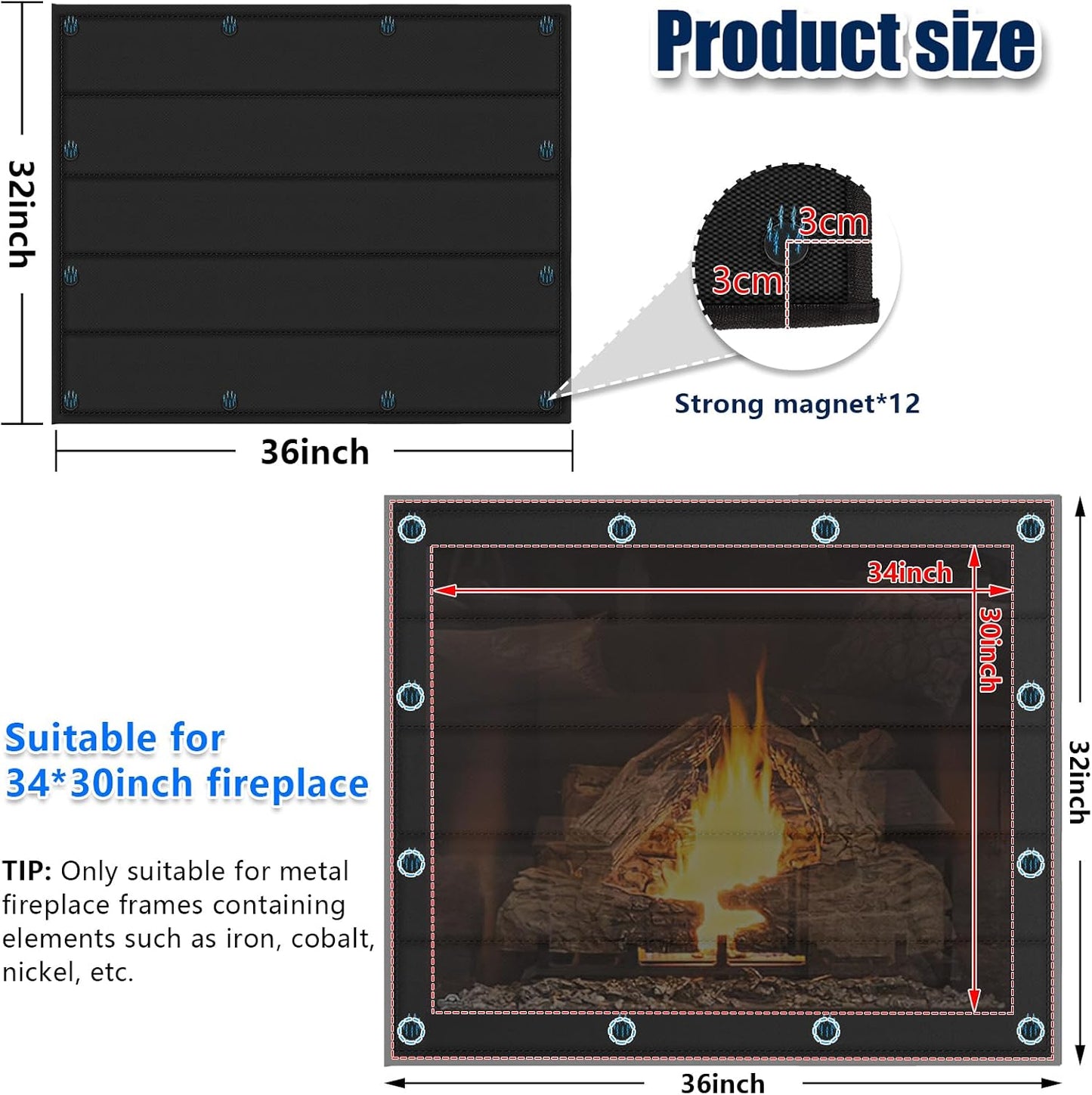 Magnetic Fireplace Cover 39"x32" Fireplace Draft Stopper Blocker Indoor | Fire Place Cover with Built-in 12 Strong Magnet for Iron Fireplace Frame Fireplace Screen