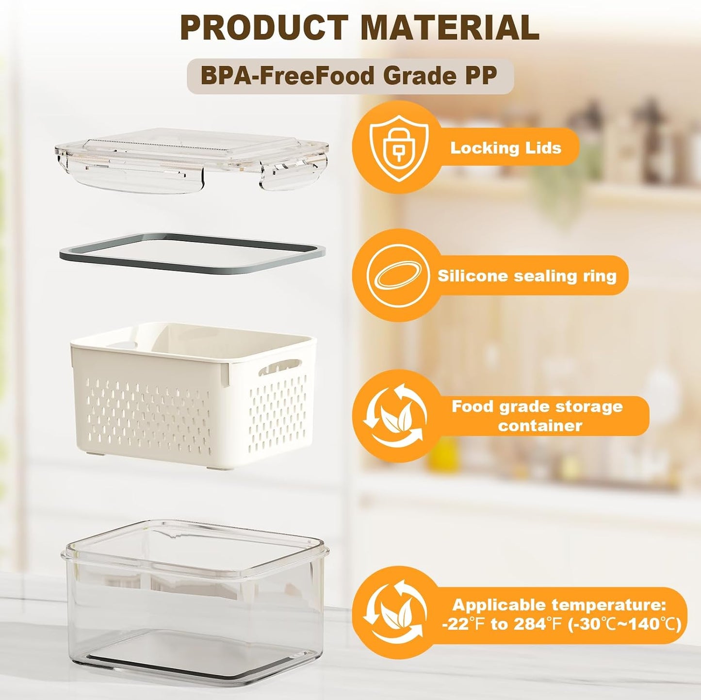 Dayacoco Fruit Storage Containers for Fridge 4 Pcs with Drain Basket | Fridge organizers & storage - 4 fruit containers w/ drain baskets, BPA-free PP, leak-proof seal, stackable, DW/MW safe.