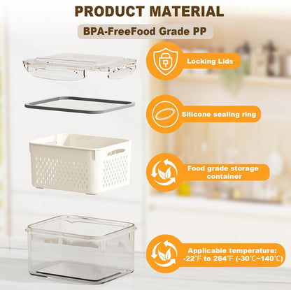 Dayacoco Fruit Storage Containers for Fridge 4 Pcs with Drain Basket | Fridge organizers & storage - 4 fruit containers w/ drain baskets, BPA-free PP, leak-proof seal, stackable, DW/MW safe.