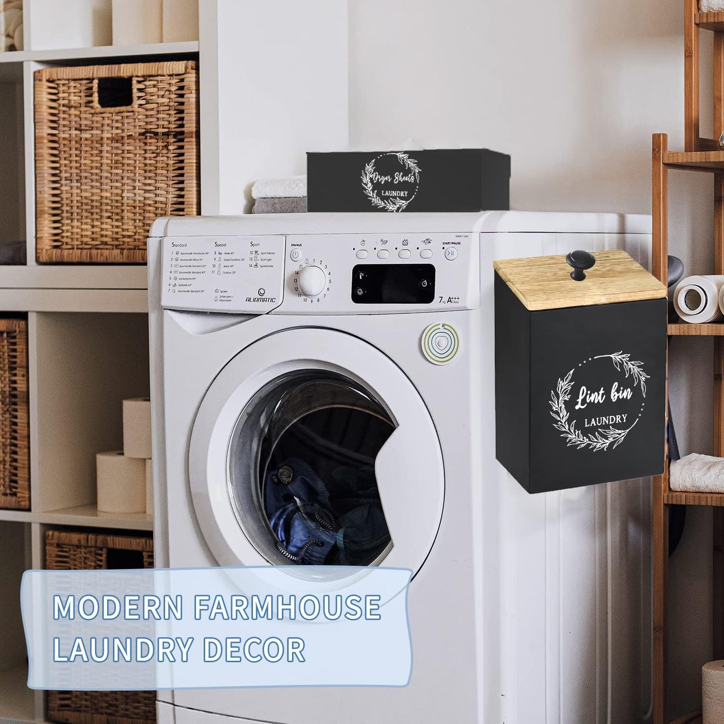 Magnetic Lint Bin and Dryer Sheet Holder Set for Laundry Room, Farmhouse Wooden Lint Trash Can with Lid and Dryer Sheet Dispenser Box Magnetic for Mounting on Dryer,Stylish Laundry Room Organiz(Black)