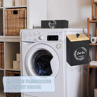 Magnetic Lint Bin and Dryer Sheet Holder Set for Laundry Room, Farmhouse Wooden Lint Trash Can with Lid and Dryer Sheet Dispenser Box Magnetic for Mounting on Dryer,Stylish Laundry Room Organiz(Black)