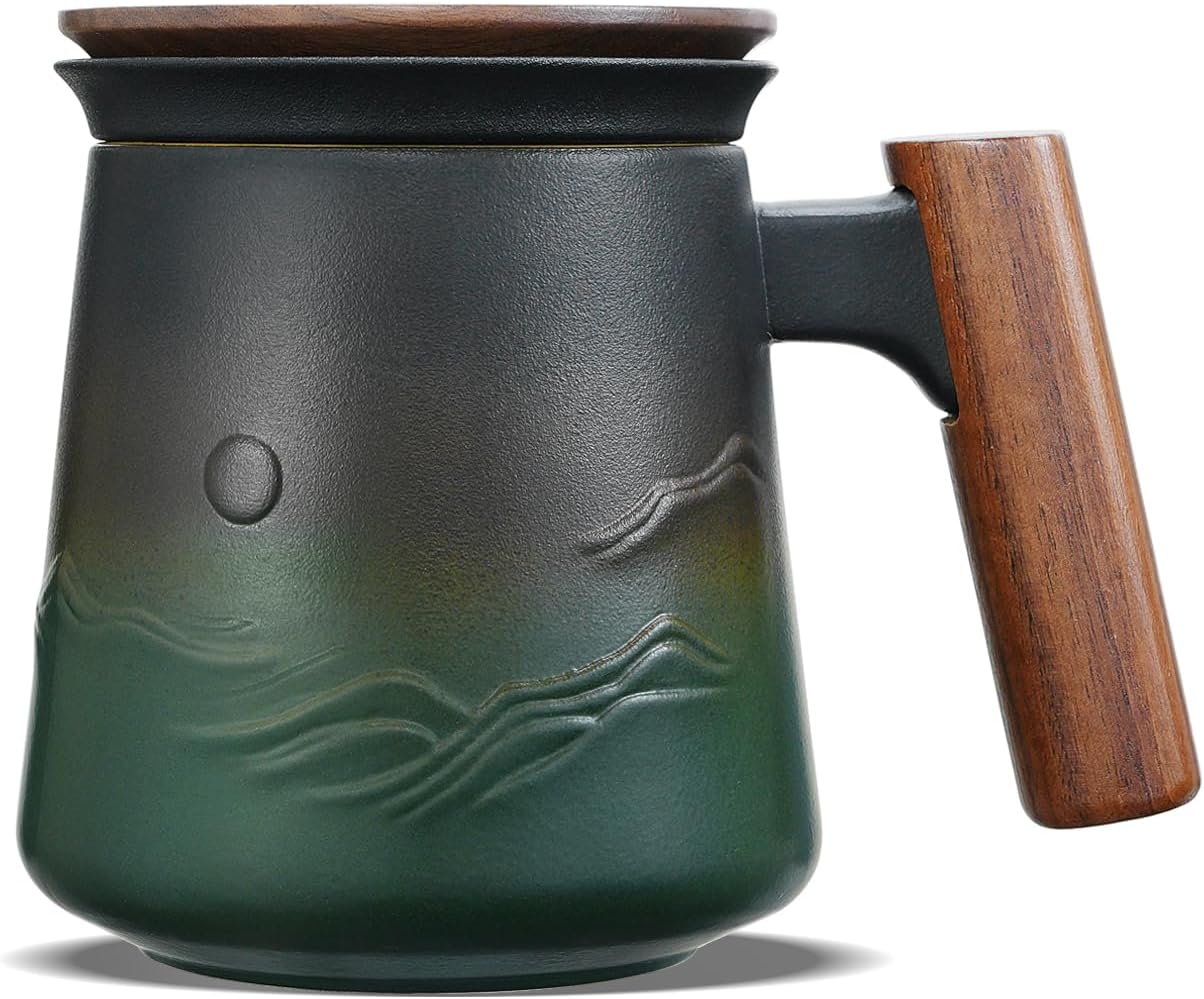 ZENS Tea Mug with Infuser and Lid for Loose Leaf Tea Steeper, 16.9oz Moss | Embossed Ceramic Tea Cup with Infuser for Herbal Tea Difussers, Tea Lovers Gifts, Nature Wood Handle