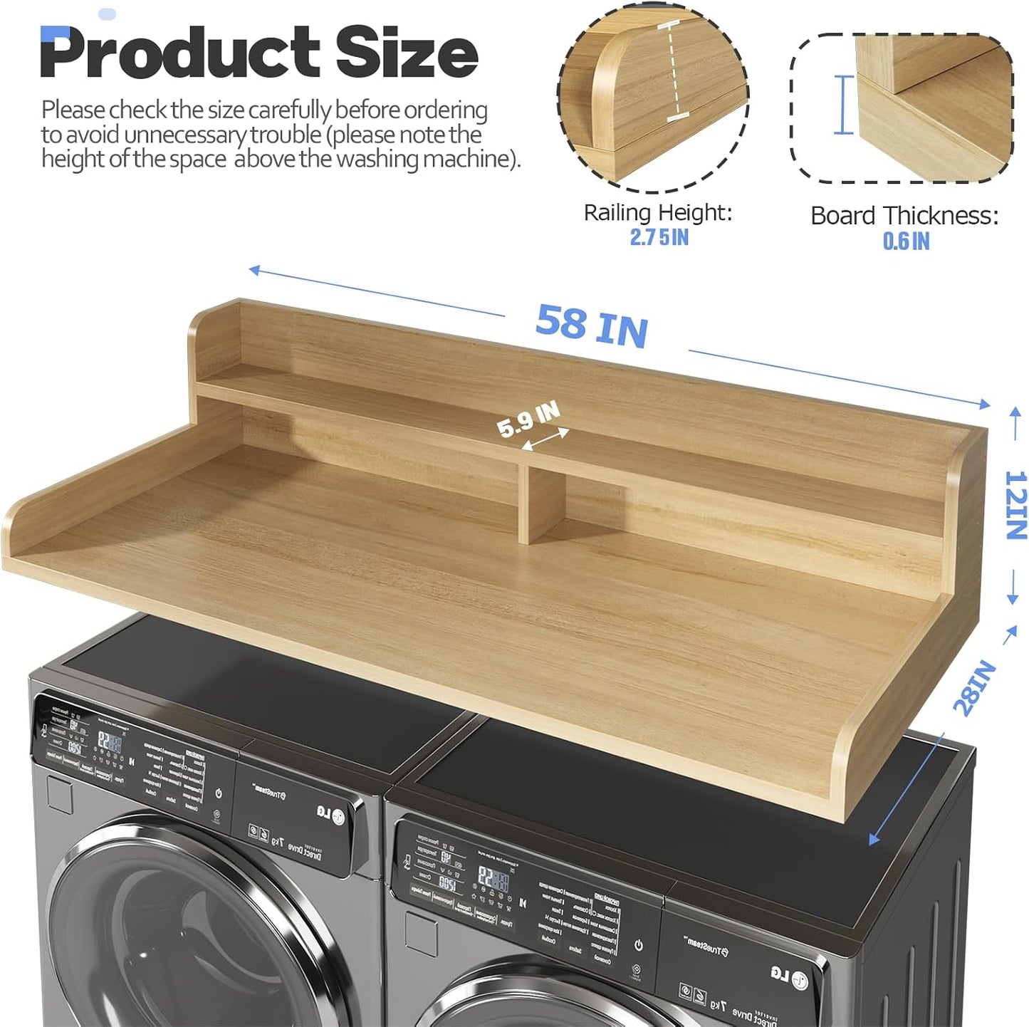 2-Tier Washer and Dryer Countertop with 2.75" H Guard,54" W x 27.5" D Laundry Countertop Cover with Non-Slip Pad,Large Space Laundry Topper for Folding Clothes Over Washer and Dryer-White