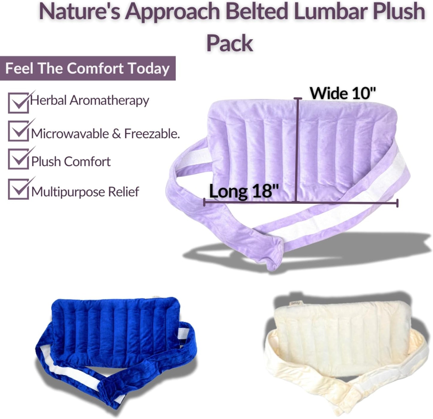 Nature's Approach Belted Lumbar Wrap, Assorted | Adjustable hook-and-loop belt secures this 12-herb rice & flaxseed wrap around the lower back