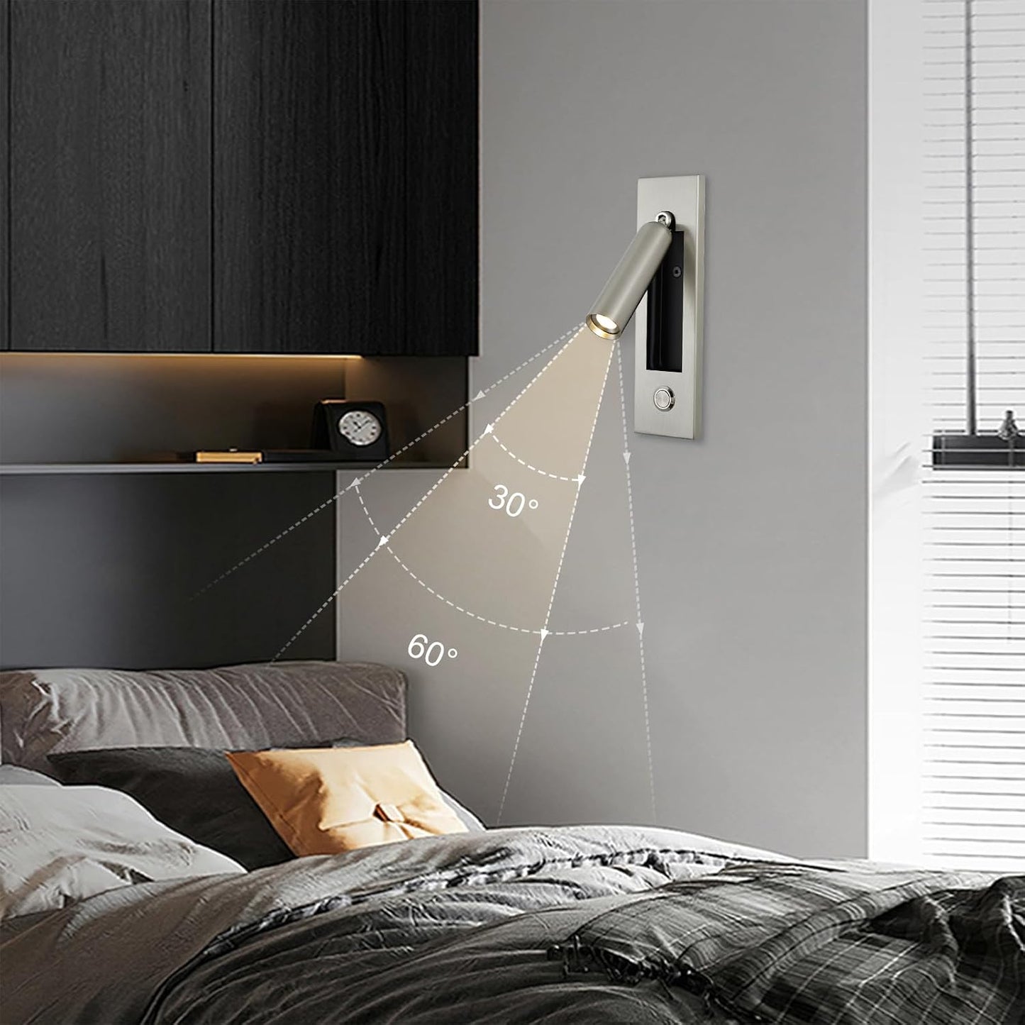 LED Bedroom Lamp Headboard Wall Light Sconce, Bedside Reading Light Recessed Push Switch Wall Lamps, Hotel Bed Side Decorative Wall Sconces Spotlight, 360° Rotatable 92° Foldable (Brass+Black)