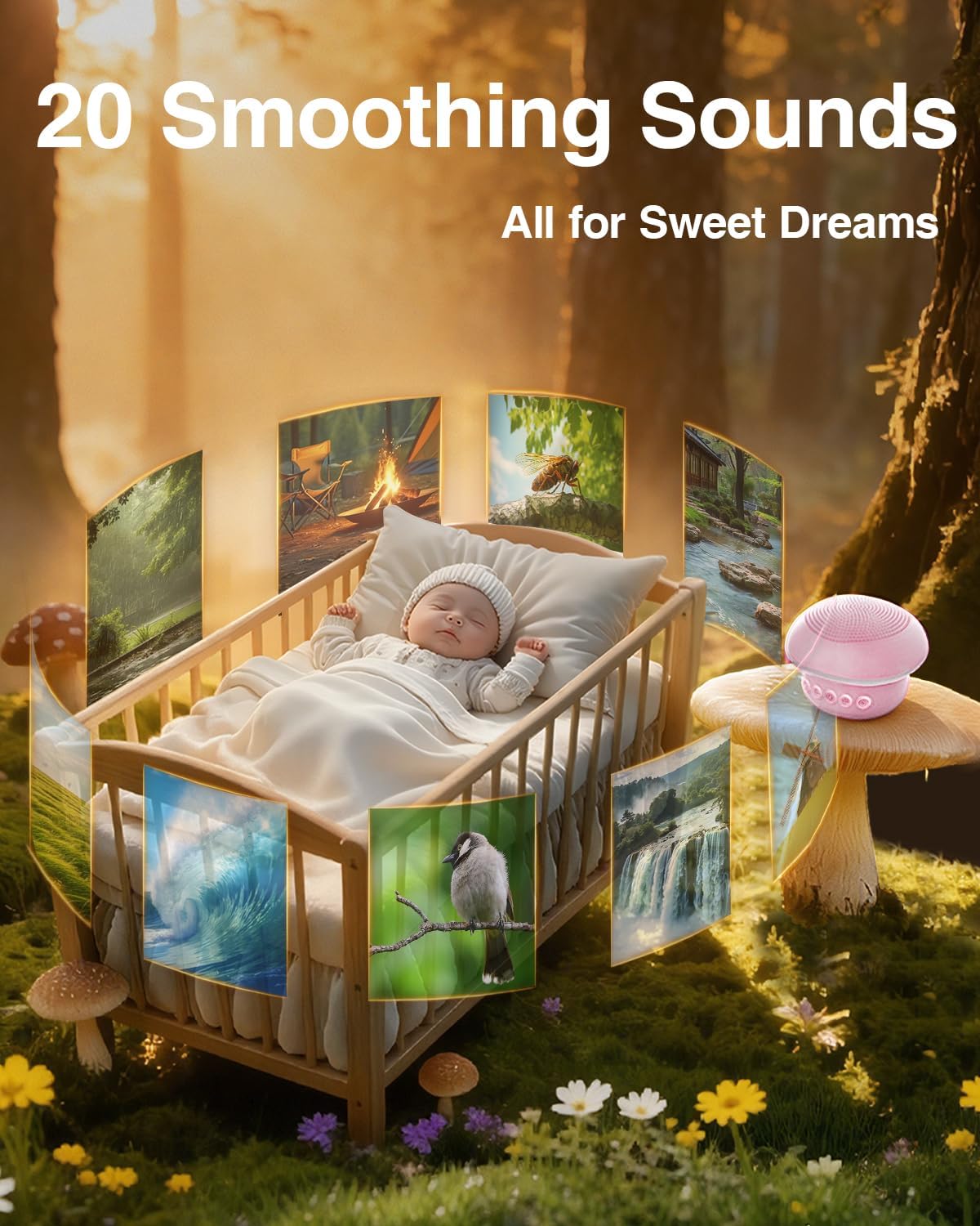 Portable White Noise Sound Machine for Baby Kids Adults, 20 Natural Soothing Sounds, 48H Battery Playback, 30 Volume Levels, 3 Timers, Memory Function & Soft Night Light for Sleep, Home, Travel, Mini