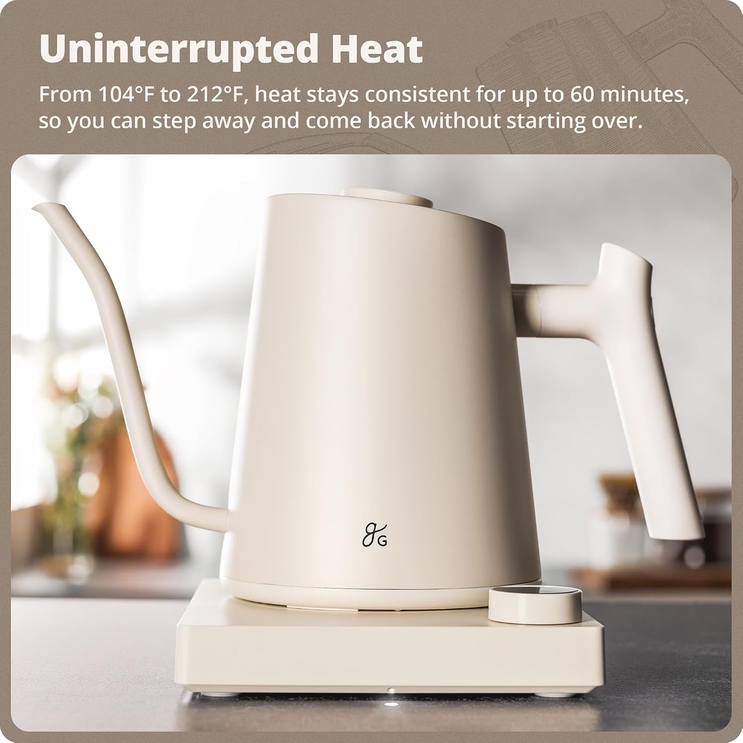Greater Goods Gooseneck Electric Kettle, 1200W Temperature Control, 0.8L | Pour-Over & Tea Kettle with Stainless Steel Interior, Built-In Brew Timer, Fast Heating for Chemex, V60, & Matcha (Birch)