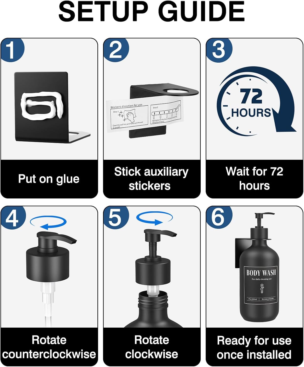 Luxspire 17oz Shampoo and Conditioner Dispenser 3 Sets for Bathroom, Black | Matte PET bottle, no-drill stainless bracket, detachable pump, dual wall/counter install with classification stickers