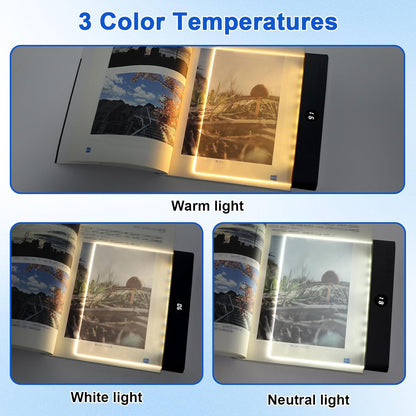Book Light, Rechargeable Clear LED Reading Light with 3 Colors & Timer | Dimmable Full Page Panel Plate Lamp, Reading Lights for Book, Kids Eye Protection for Night Reading in Bed (White, Small)