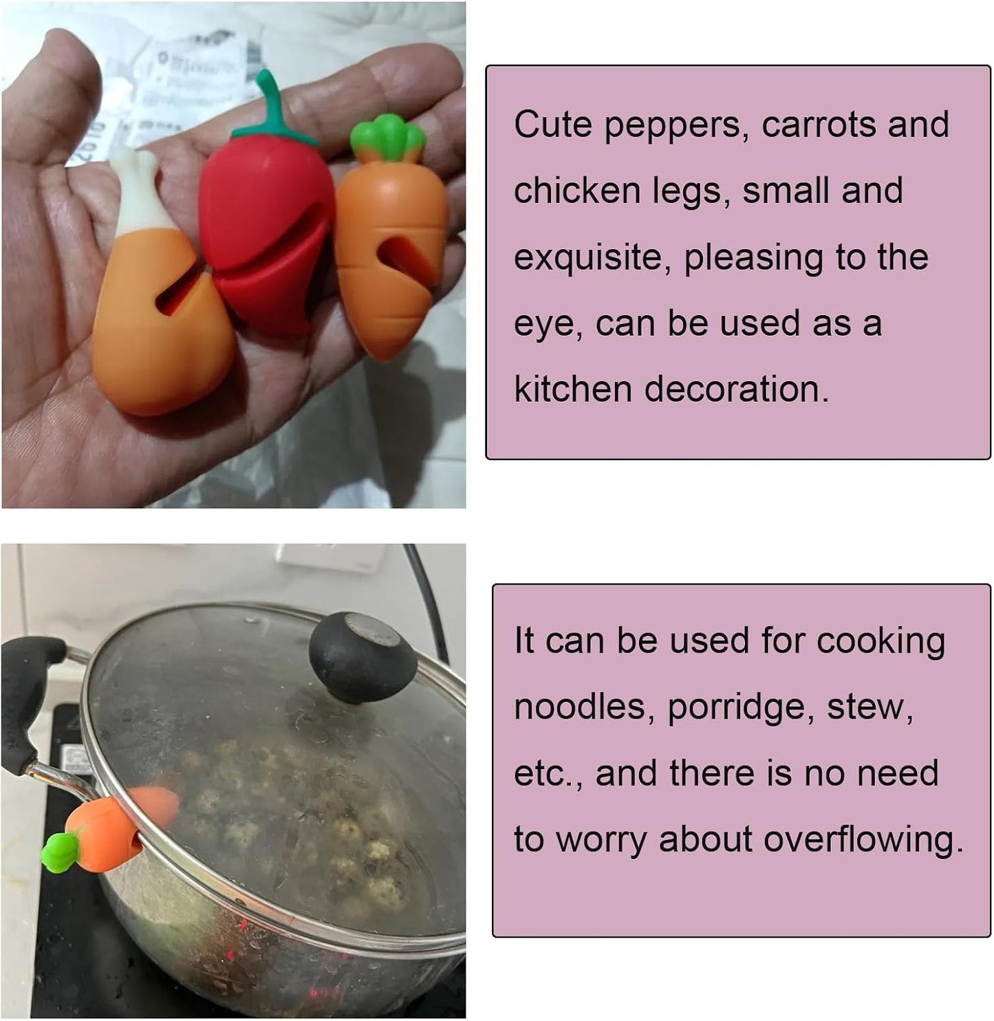 6 Pack Pot Lid Lifter Silicone Heat Resistant Spill Proof Pan Cover Stand Holder Clip Steam Releaser Stopper for Soup Pots Kitchen Gadgets (Carrot, Pepper, Chicken Leg 3 Style)