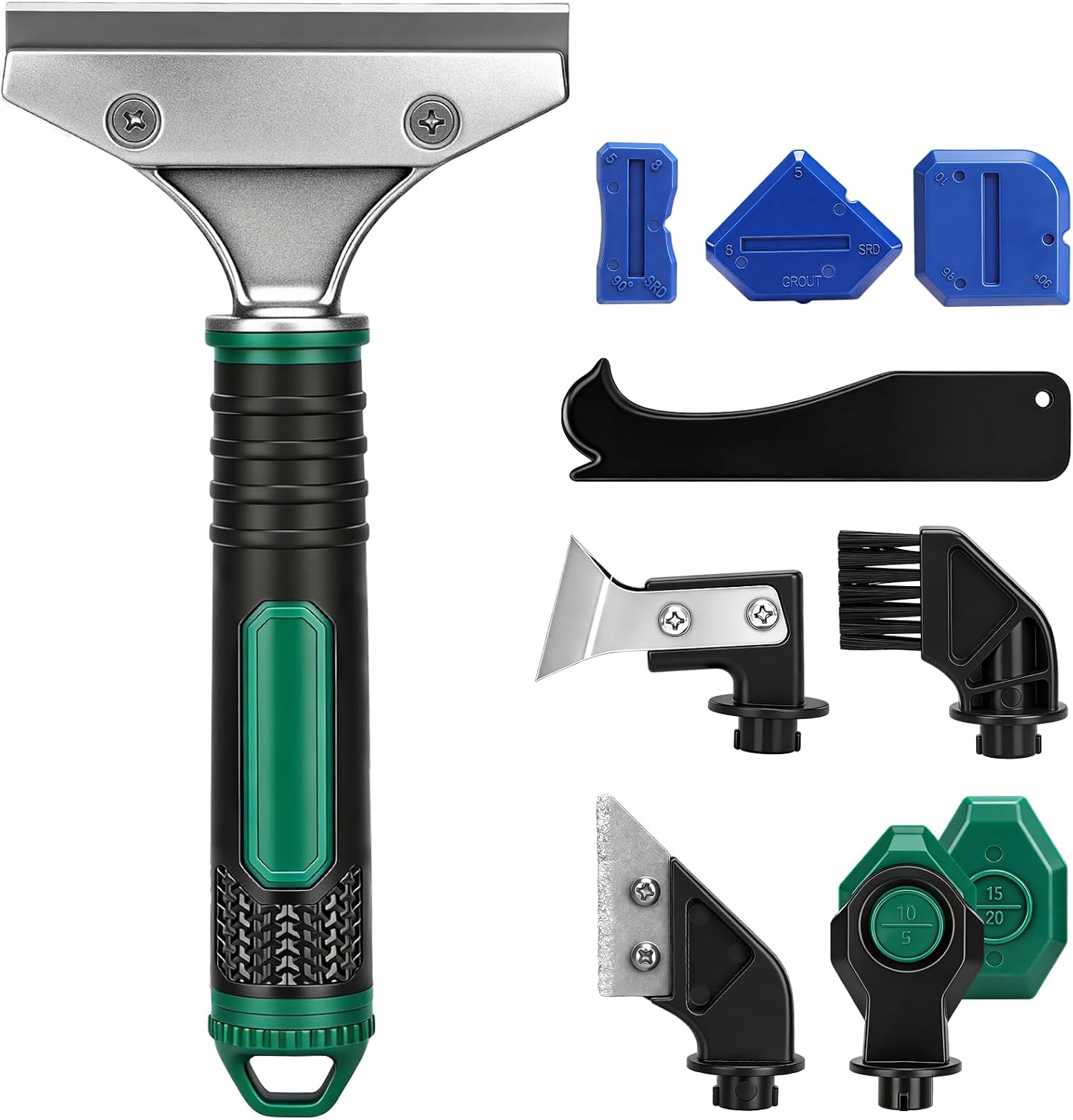 6 in 1 Caulking Tool & Caulk Remover Tool Kit with Dual-End Multi-Function Handle – Grout Removal Tool & Scraper for Bathroom, Kitchen, Tile Sealing