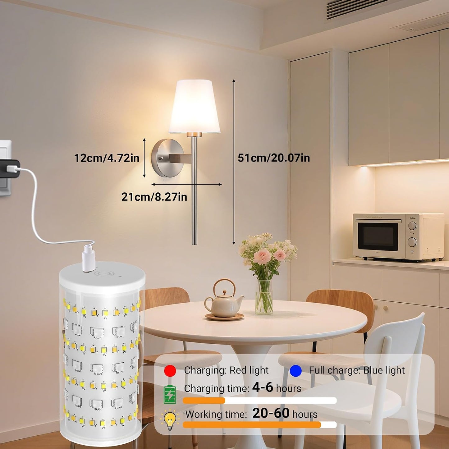 Battery Operated Wall Sconces Set Of Two, Wireless Battery Wall Light With 10000mAh RGB Rechargeable Magnetic Bulb, Rechargeable Wall Sconce With Remote Control For Bedroom, No Electrician Required