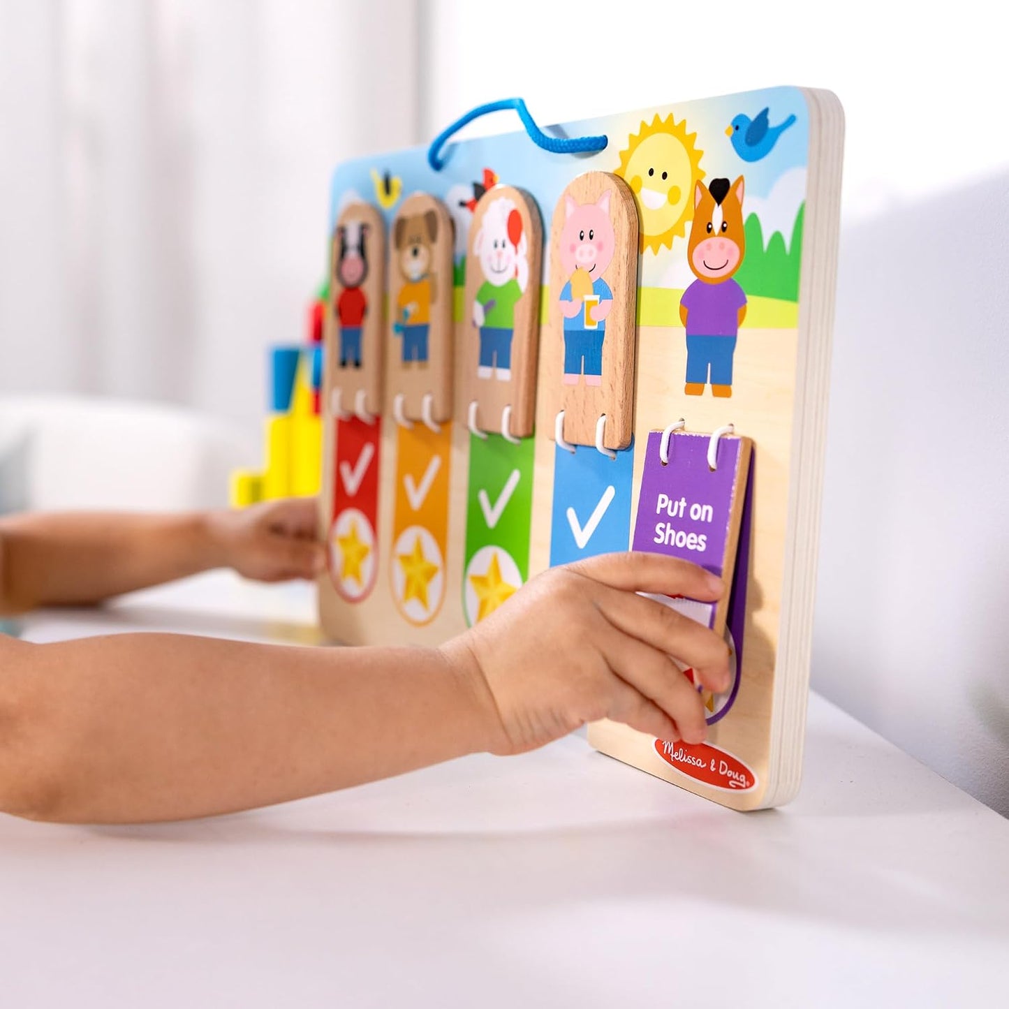 Melissa & Doug My Daily Routines Chart, Wooden Daytime and Nighttime Habit Tracker with Multi-Lingual Stickers, Hands-On, Screen-Free Preschool Toys for Girls & Boys Ages 3+ - FSC Certified