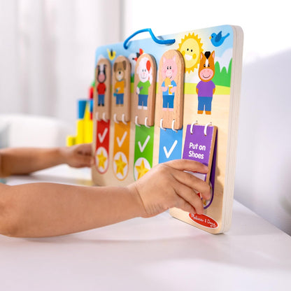 Melissa & Doug My Daily Routines Chart, Wooden Daytime and Nighttime Habit Tracker with Multi-Lingual Stickers, Hands-On, Screen-Free Preschool Toys for Girls & Boys Ages 3+ - FSC Certified