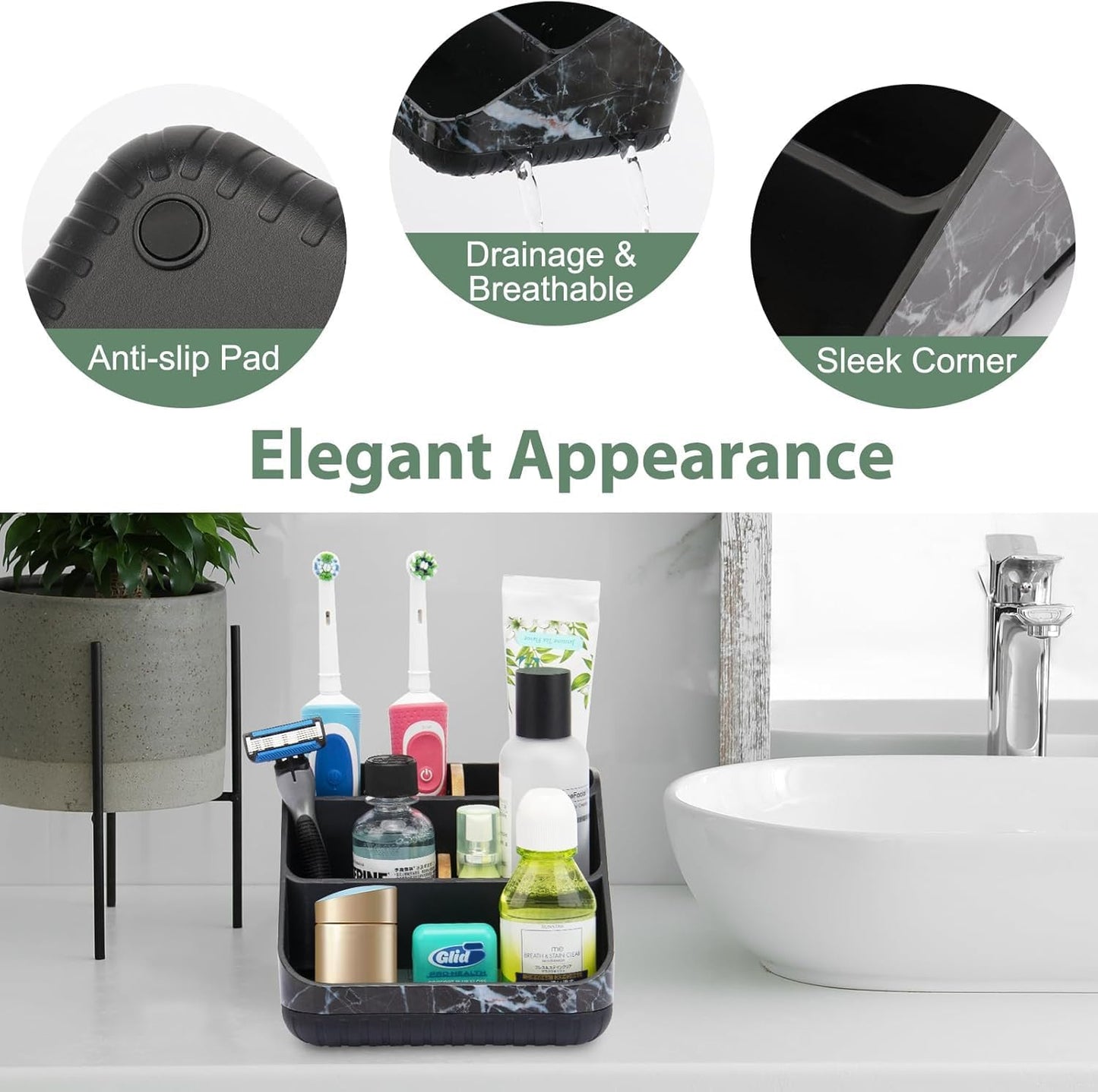Toothbrush Holders for Bathrooms,6 Slots, Detachable for Easy Clean, White | Electric Toothbrush, with bamboo divider, drainage hole, BPA-free,bathroom,office,kictchen,vanity countertop organizer