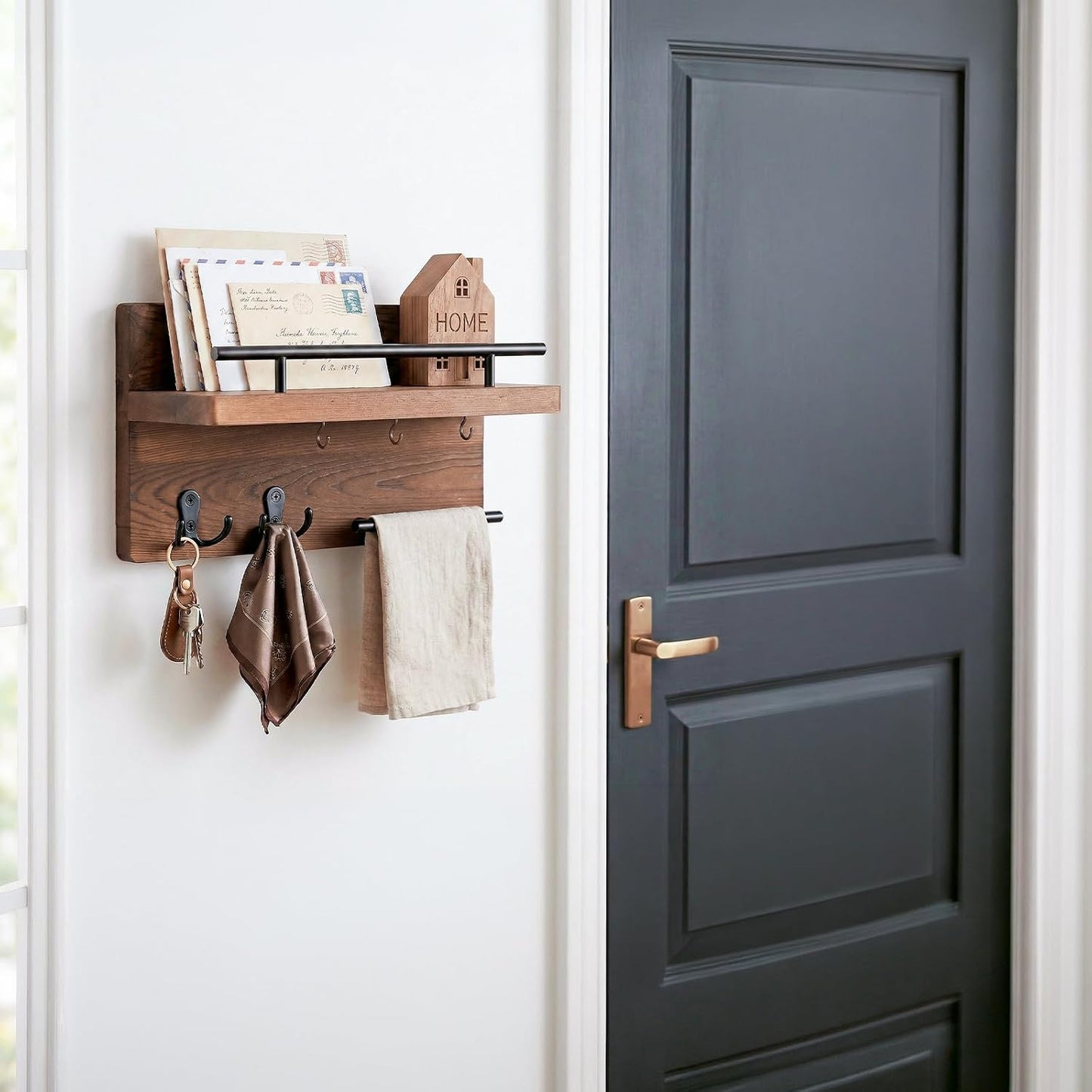 OurWarm Wall Mounted Key Holder/Hangers for Wall Decorative with 5 Key Hooks, Wooden Mail Rack Organizer with Shelf, Rustic Home Decor for Entryway Mudroom Hallway Office, Brown