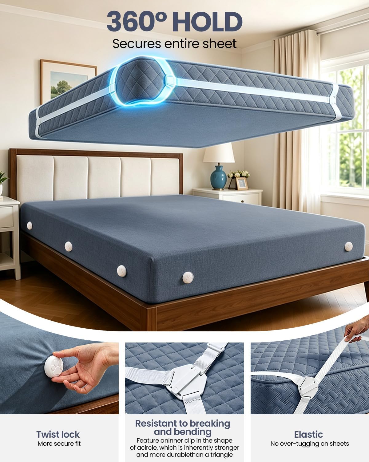 Bed Sheet Holders, Fitted Sheet Holder, 10 Twist-Locks, 360°Secure Fit