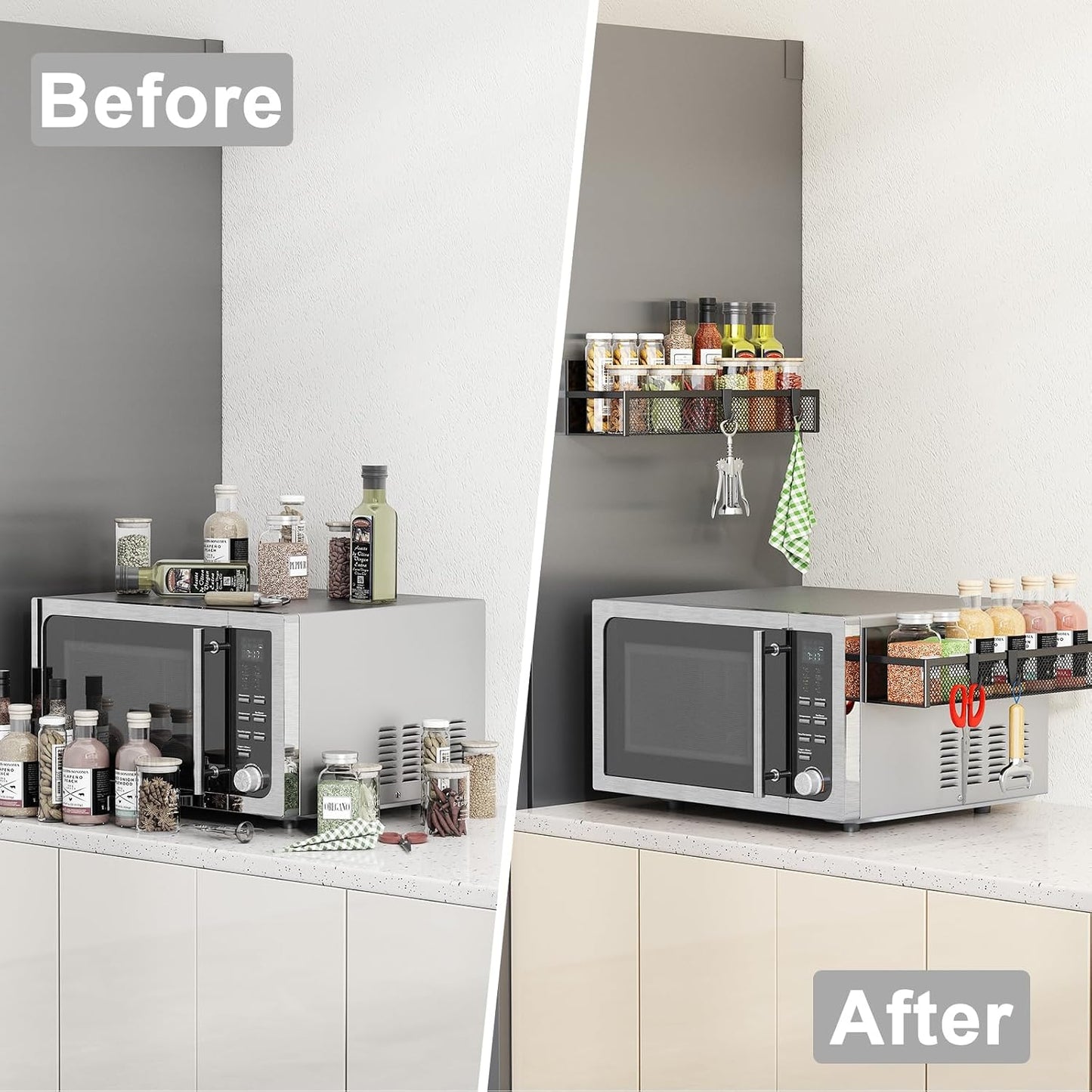 Aufworld Magnetic Spice Rack for Refrigerator, 3 Pack Magnetic Shelf, Moveable Fridge Organizer with 8-Hook Rack, Seasoning Organizer for Kitchen