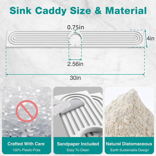 DK177 Faucet Mat for Kitchen Sink - Water Absorbing Stone Tray for Sink, Diatomite Fast-Drying Faucet Mat, Faucet Splash Guard for Bathroom Counter (White, 30" x 4")