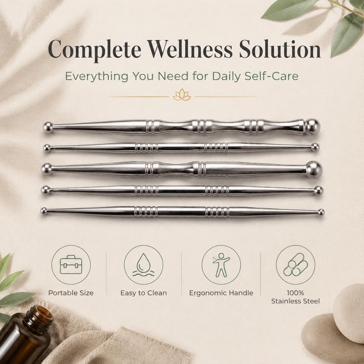 5PCS Stainless Steel Acupressure Tool Set,Trigger Point Massage Tools | Reflexology & Deep Tissue Massage for Point Therapy, Professional Meridian Massage Sticks for Face, Body & Muscle Relief