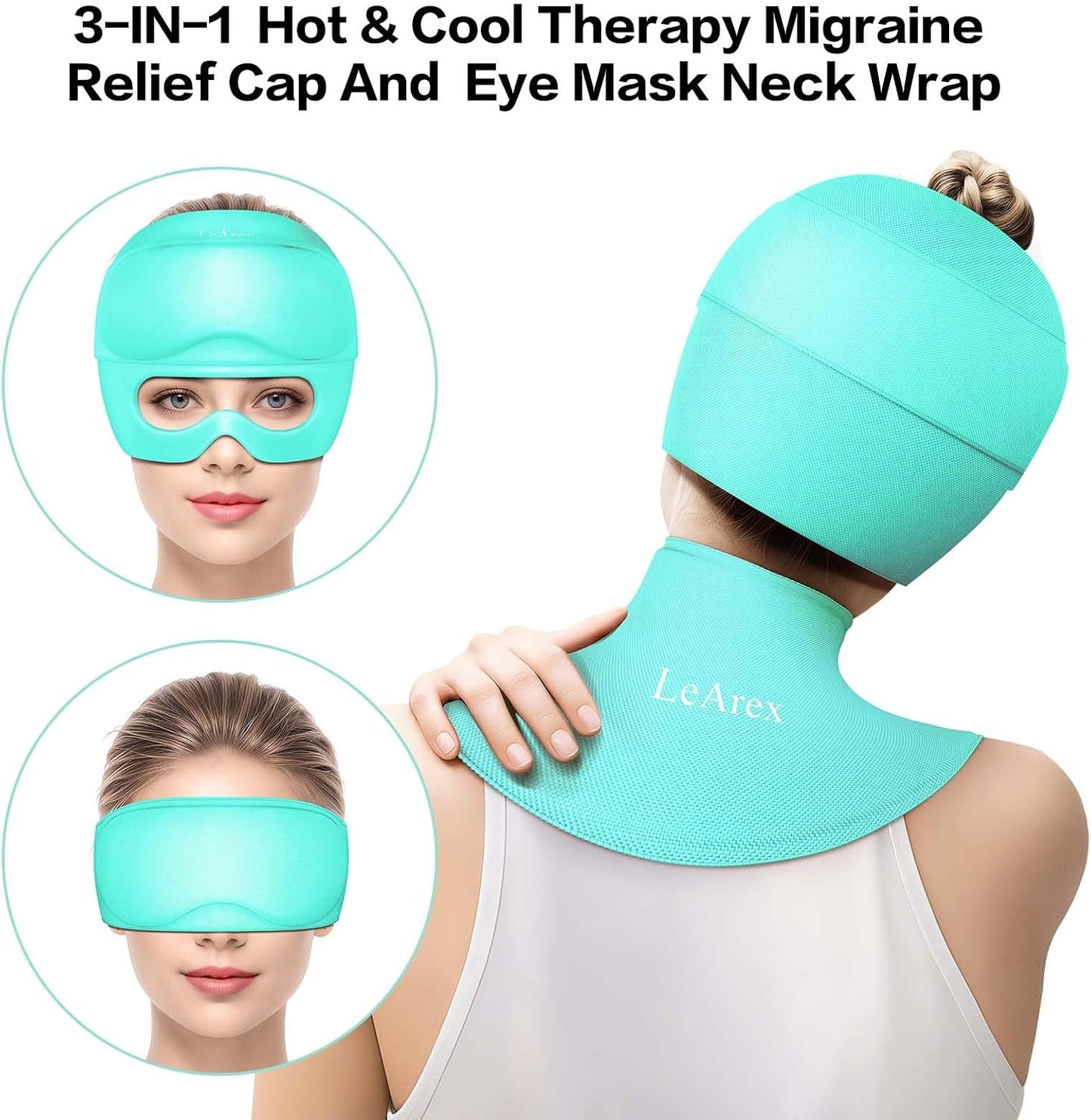 3 in 1 Migraine Relief Cap Neck Ice Pack Wrap Gel and Ice Eye Masks, Detachable Ice Caps with Eyes Masks, Hot and Cold Therapy for Relief of Headaches, Stiff Neck and Eye Fatigue (Purple)