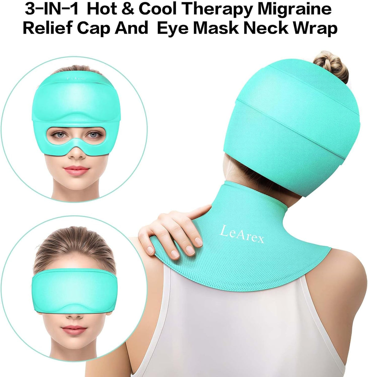 3 in 1 Migraine Relief Cap Neck Ice Pack Wrap Gel and Ice Eye Masks, Detachable Ice Caps with Eyes Masks, Hot and Cold Therapy for Relief of Headaches, Stiff Neck and Eye Fatigue (Purple)