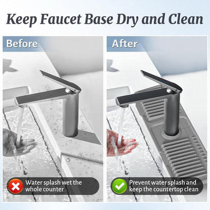 PoYang 24 Inch Faucet Mat for Kitchen Sink Splash Guard, Silicone, Black | Sink Protectors with 7° Slope for Smooth Drainage, Snap Button Holds It in Place, 90° Foldable & Cuttable Hole Fit Most Sinks