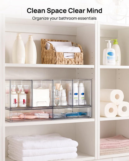 Vtopmart Clear Stackable Storage Drawers Set of 6, Plastic Organizer Bins | Multi-purpose Boxes for Bathroom Accessories Storage, Ideal for Cabinet, Shelf, Pantry, Laundry Room Organization