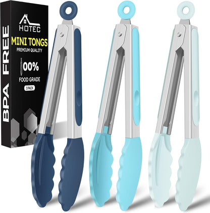 Hotec Mini Silicone Kitchen Tongs for Cooking - 7-Inch Small Serving Tongs with Silicone Tips, Set of 3 (Black,Grey,Light Blue)