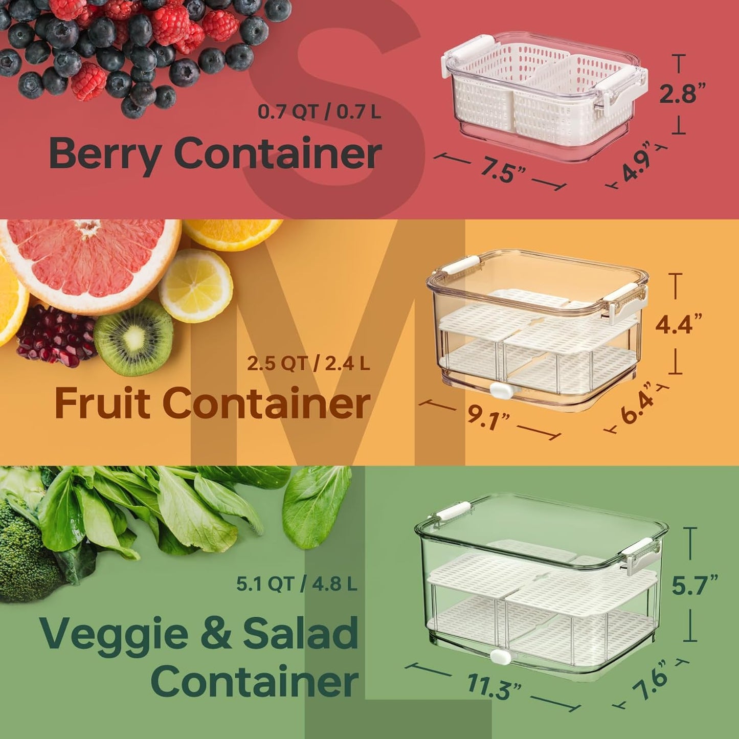 Felli Duo Fresh Produce Saver for Fridge, Fruit Vegetable Container with Vent & Drainage in Bottom for Wash, Colander Strainer Storage Bin for Refrigerator, Berry Lettuce Keeper