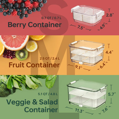 Felli Duo Fresh Produce Saver for Fridge, Fruit Vegetable Container with Vent & Drainage in Bottom for Wash, Colander Strainer Storage Bin for Refrigerator, Berry Lettuce Keeper