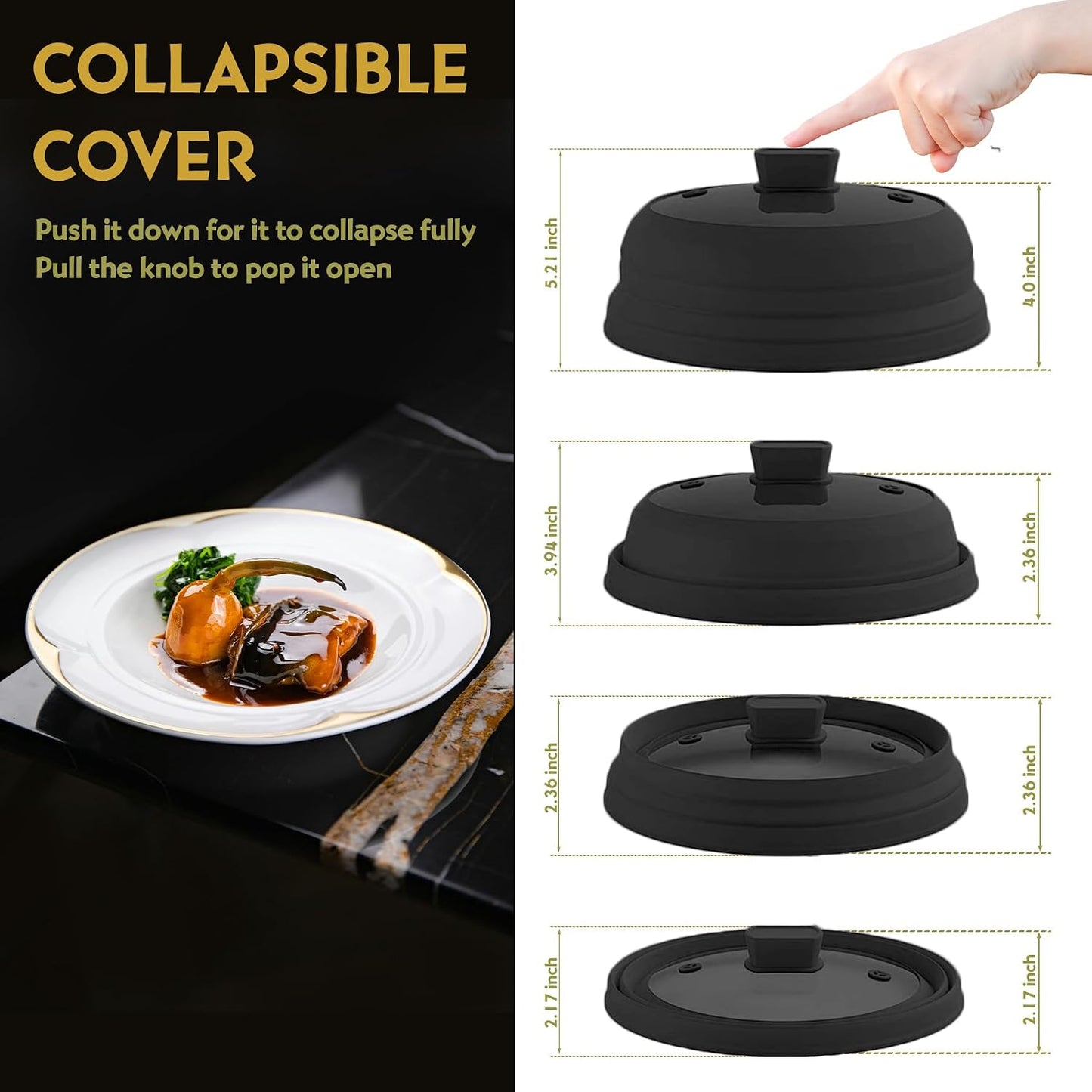 Collapsible Microwave Splatter Cover, Glass Silicone Foldable Microwave Lid for Food, 10.8 Inch Grease Splatter Guard for Pots, Pans & Bowls, Black