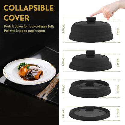Collapsible Microwave Splatter Cover, Glass Silicone Foldable Microwave Lid for Food, 10.8 Inch Grease Splatter Guard for Pots, Pans & Bowls, Black