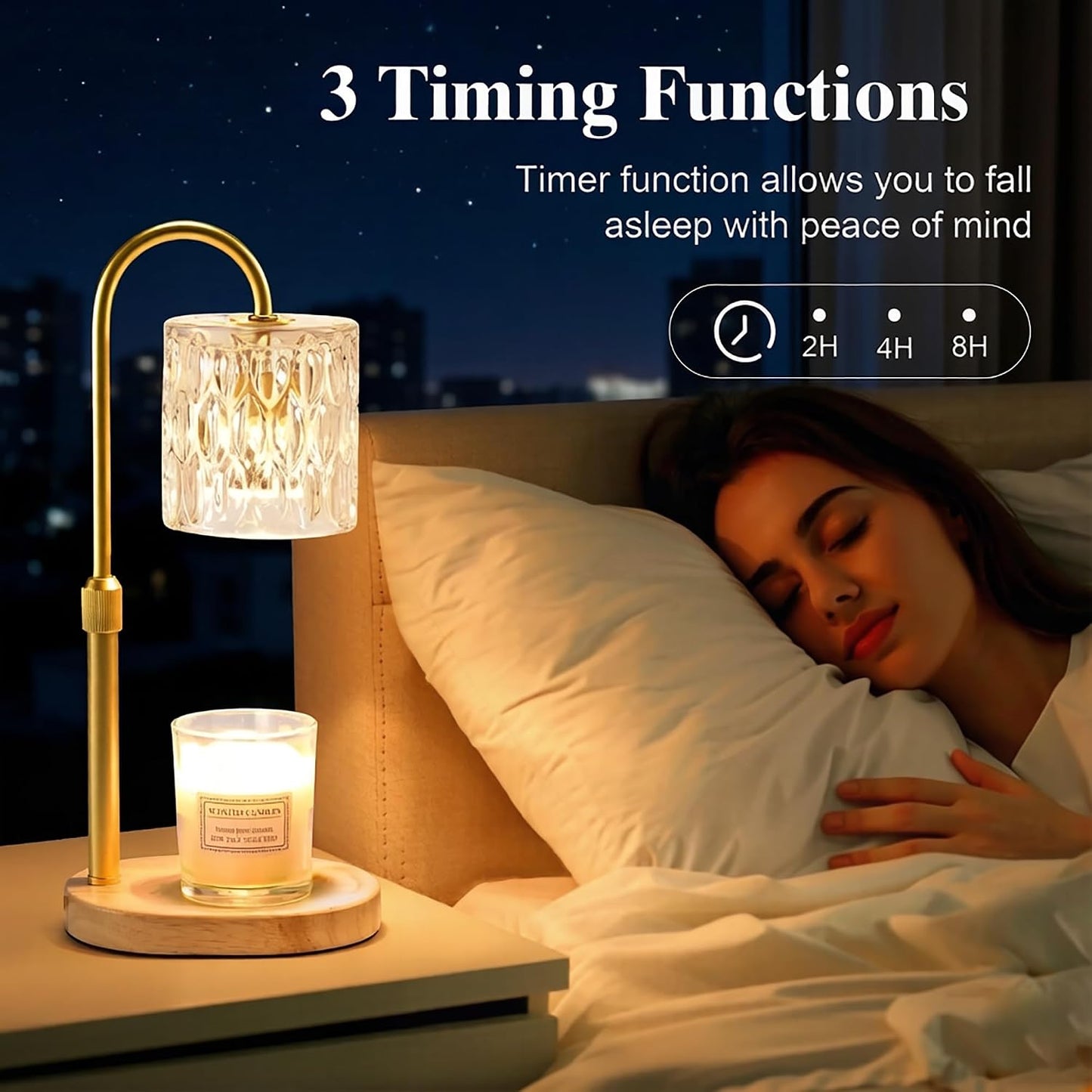 Dreamholder Electric Candle Warmer Lamp with Timer, Dimmable Candle Lamp with Adjustable Height, Wax Melter for Jar Candles Wood Base Floral Home Decor Gifts for Women Mom, Silver Glass
