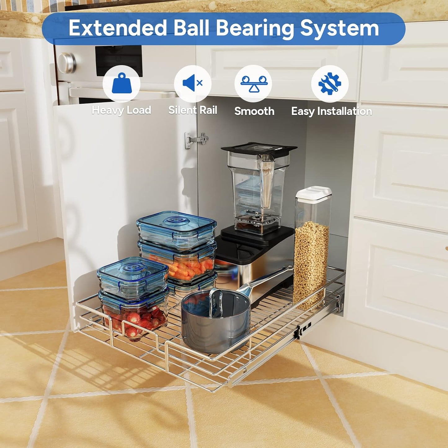ROOMTEC Pull Out Cabinet Organizer, Pull Out Shelves 5½" W x 21½" D, Heavy Duty Cabinet Drawers Slide Out Kitchen Organizers Storage Shelf