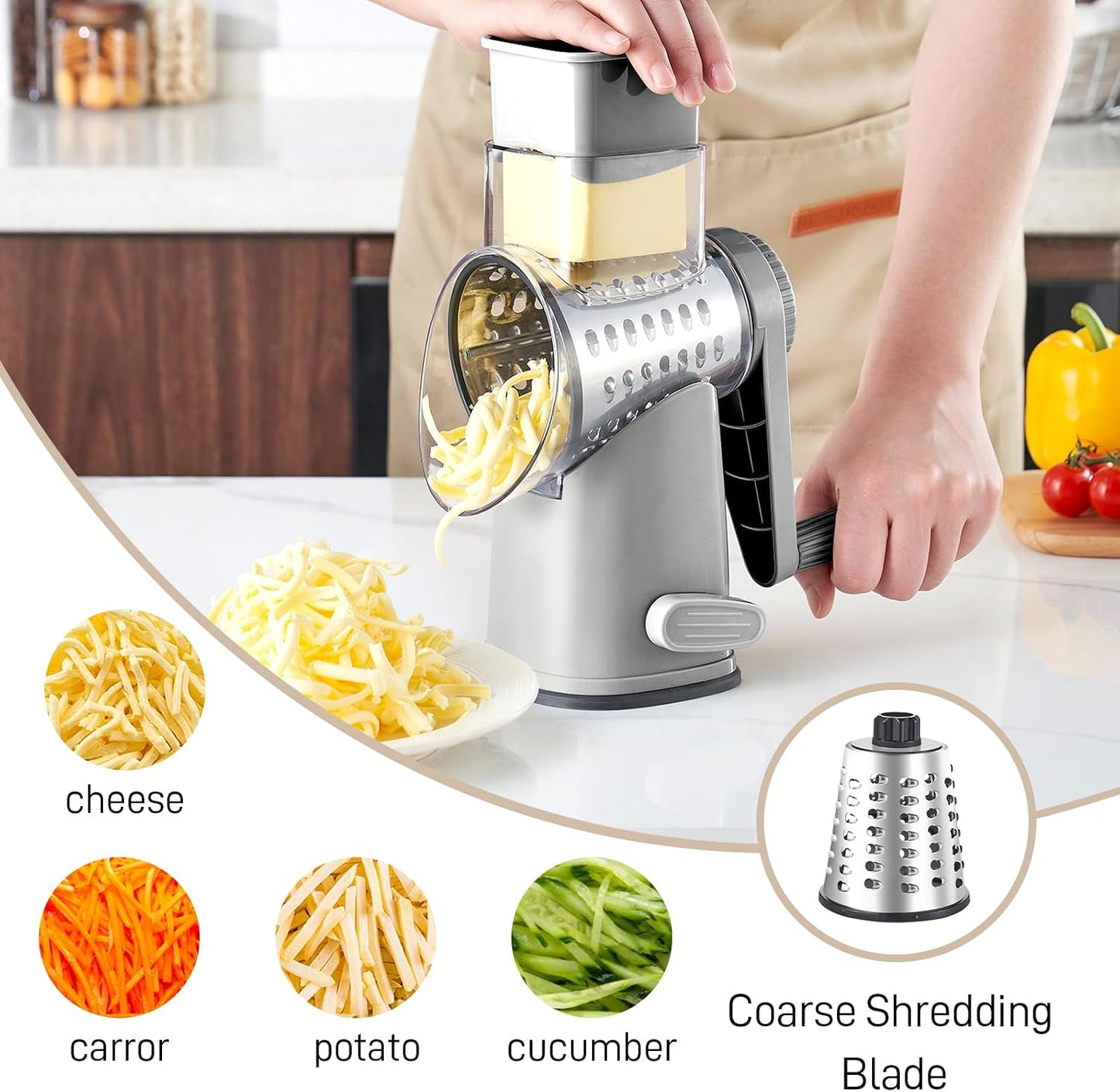 Weltonhm 4 in 1 Large Rotary Cheese Grater Hand Crank (black, 3 Graters) | Cheese Shredder Rotary and Slicer with 4 Stainless Steel Blades for Vegetables, Veggie and Cheese, Stronger Suction Base
