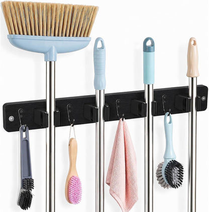 Broom Holder Wall Mount, 4 Holders 4 Hooks Mop and Broom Organizer | Mop Holder Wall Mount and Broom Hanger for Garage, Laundry Room, Kitchen and Utility Storage