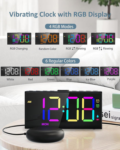 Roxicosly Vibrating Alarm Clock with Bed Shaker for Heavy Sleepers, 3-Level Vibration, Dual Alarms with Weekday & Weekend Mode, Large Digits, Dimmer, Snooze, USB Charger, Battery Backup